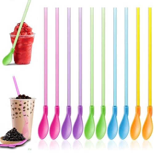 Image of XINCHENG 10 Pieces Slush Straws, 2 in 1 Slushie Straws with Spoons, Reusable Straw for Smoothies, Juice, Cocktail, Coffee, Milkshake, Slushie (5 Colors)
