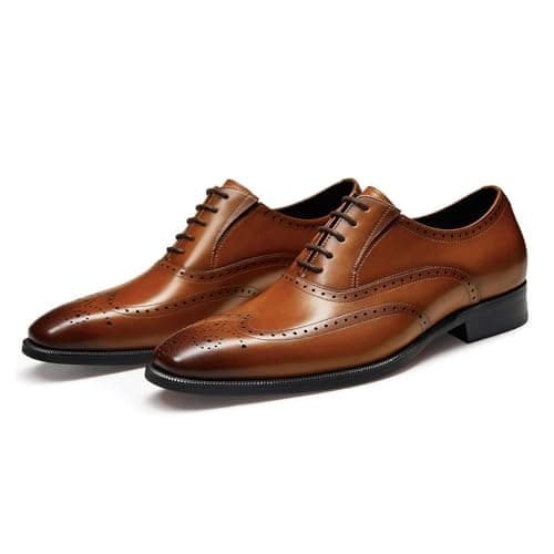 Image of FRASOICUS Men’s Dress Shoes with Genuine Leather in Classic Brogue Elastic Band Oxford Formal, Brown