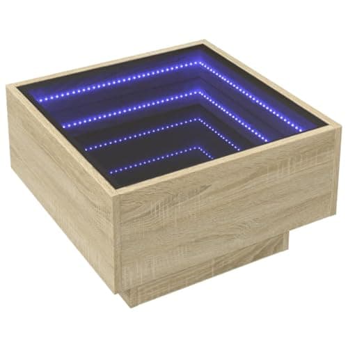 Image of vidaXL Coffee Table with RGB LED Lights - Sonoma Oak Engineered Wood & Glass - 50x50x30 cm - End Side Couch Nightstand