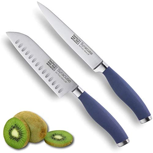Image of Taylors Eye Witness Syracuse Asian Kitchen Knife Set - Chefs Santoku 13cm/5” & Cooks All Purpose 13cm/5” Cutting Edge, Multi Use. Ultra Fine, Razor Sharp Blade. Soft Textured Grip Denim Blue Handle.