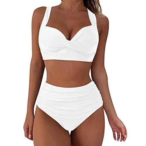 Image of Black Bikini Bottoms Women's Swimwear High Waisted V Neck Women Bikinis Set Push Up Sexy Vintage Beachwear Twist Front Bikinis Top Ruched Retro Swimmwear Bathing Suit Swimming Costume Bikini Bottoms