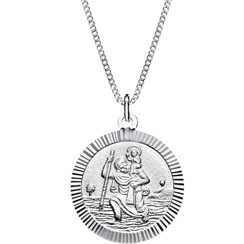 Image of Aeon Silver St Christopher Necklace - 925 Sterling Silver Pendant | Double Sided | Holy Christian Travel Protector | Adjustable 16-18" Chain (18mm) (Ribbed)