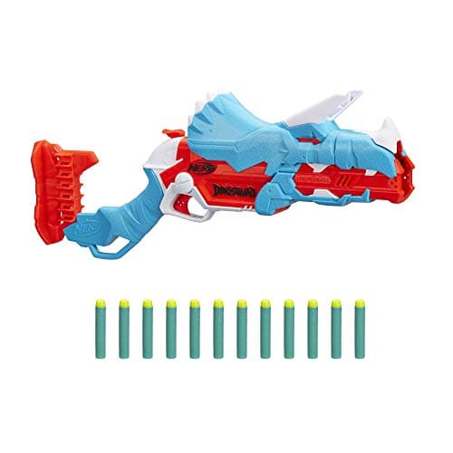 Image of Nerf DinoSquad Tricera-blast Blaster, Break-Open 3-Dart Loading, 12 Nerf Darts, Dart Storage, Triceratops Dinosaur Design