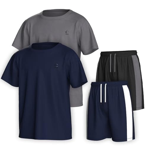 Image of Essenclo Boys Clothing Sets Tagless Loose Athletic Performance Crew Neck T-Shirt and Short Outfits Size 3-16 (4 Piece Set) - Set-3-15-16