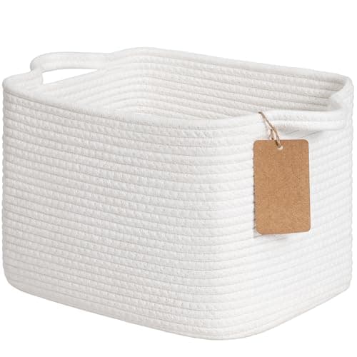 Image of Woven Storage Basket, Cotton Rope Basket for Shelves Closet Organizer, Square Shelf Basket for Toys, Books, Shoes, Decorative Empty Gift Basket for Home Bathroom Decor, 33x25x22.5cm, White
