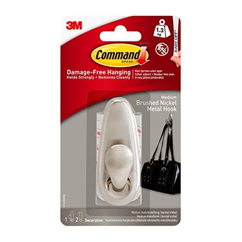 Image of Command Medium Forever Classic Brushed Nickel Metal Hook, Indoor use - 1 Metal Medium Hook and 2 Adhesive Strips - Organise Damage Free