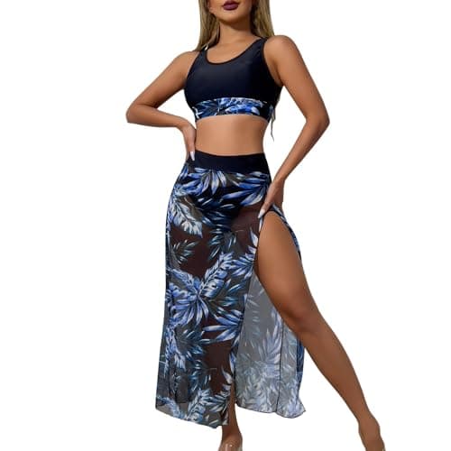 Image of Mobeur 3 Piece Swimsuit for Women Vintage Floral Bikini Sets with Chiffon Long Split Skirt, Bikini Tops& Bottoms Boho Beach Summer Swim Suits Bathing Suits Fashion Swimwear, S-XL