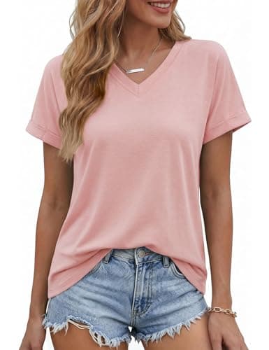 Image of PASUDA Womens T-Shirt Summer Tops Casual V Neck Capsleeve Tee Shirts Women's Elegant Short Sleeve Tops Basic Blouse (Pink, M)