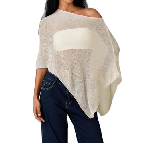 Image of One Side Off the Shoulder Sheer Knit Poncho Tops for Women Sexy See Through Asymmetrical Cape Shawl Crochet Beach Cover Up Summer Lightweight Bolero Shrug (Cream White, One Size)