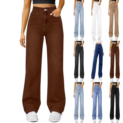 Image of Wide Leg Jeans for Women UK High Waist Flare Denim Trousers Casual Baggy Stretch Straight Leg Jeans Loosefit Y2K Slim Fit Boyfriend Denim Pants Jeggers Streetwear with Pockets (Brown, M)
