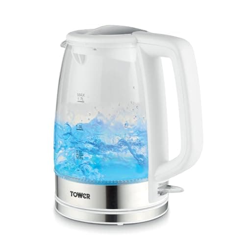 Image of Tower PT10090WHT Illuminating Glass Kettle with Removable Filter, Boil Dry Protection, 1.7L, 2200W,White & Stainless Steel
