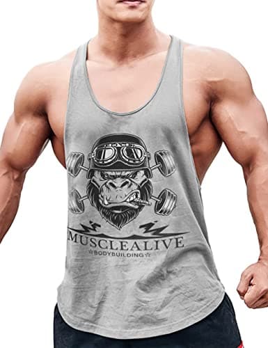 Image of Musclealive Mens Bodybuilding Tank Top Stringer Vest Cotton Arch Man Grey M-( Chest 38 Inch to 42 Inch)