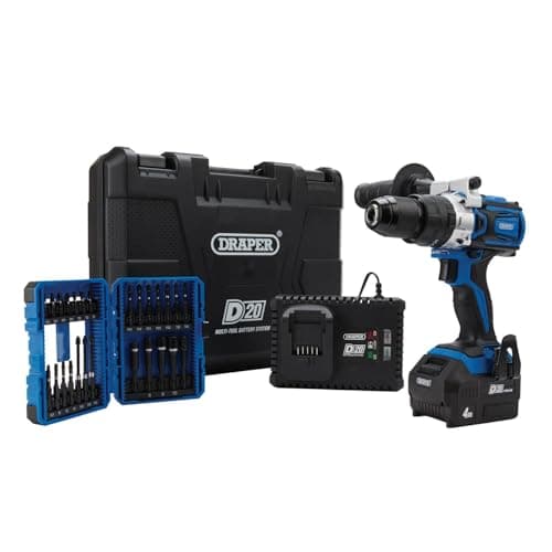 Image of D20 20V Brushless Combi Drill Kit & Draper Expert Impact Screwdriver Bit Set (26 Piece)