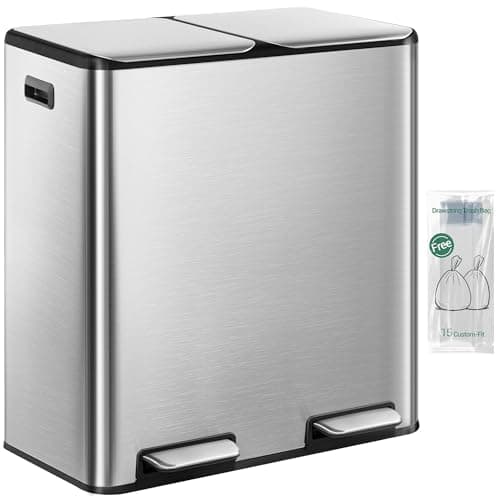 Image of Hzuaneri Kitchen Bin, (2 x 30L) 60L Recycling Bins, Pedal Bin with Lid, Stainless Steel Kitchen Bins Recycling and Waste, Silent Slow-Down Closing Lid, With 15 Exclusive Trash Bags, Silver SW06099E