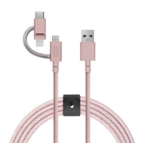 Image of Native Union Belt Cable Universal - 2m (6.5ft) Ultra-Strong Reinforced [MFi Certified] Durable Charging Cable with 3-in-1 Adaptor for Lightning, USB-C and Micro-USB Devices (Rose)