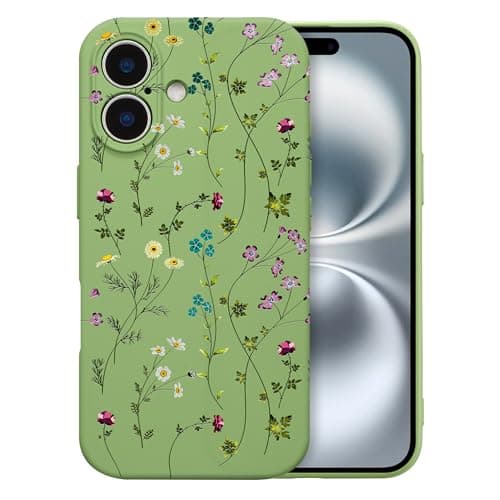 Image of RALEAVO Flower Case for iPhone 17, Liquid Silicone Shockproof Protection Case Cover for Girls Women with Aesthetic Cute Floral Patterns Soft Slim Phone Case for iPhone 17-Green