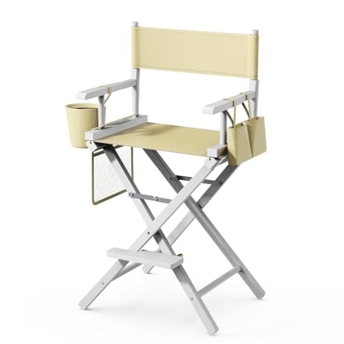 Image of Bonnlo 26 inch Make Up Chair Professional for Makeup Artist 66cm Hight, Directors Chairs Folding, with Portable Storage Side Bags & Footrest, Solid Hardwood & Polyester, Beige, White Frame