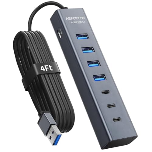 Image of 4Ft 7-Port USB Hub 3.0 for Desktop, 4 USB-A & 3 USB-C Ports Aluminium 5Gbps USB Extender Hub, USB Splitter, USB Hub Long Cable for Desktop, PC, Flash Drive, Mobile HDD SSD, Windows/XPS