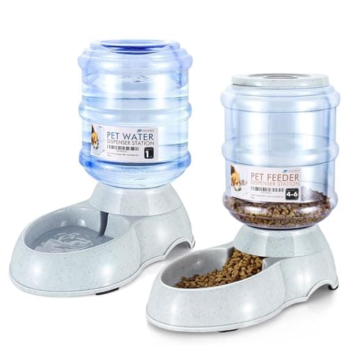 Image of Flexzion Gravity Pet Food Water Feeder Dispenser Bundle Set (Small) for Dogs Cats Automatic Replenish Waterer Dry Food Storage Container Bowl, Small Medium Dog Cat Feeding Watering Fountain Supplies