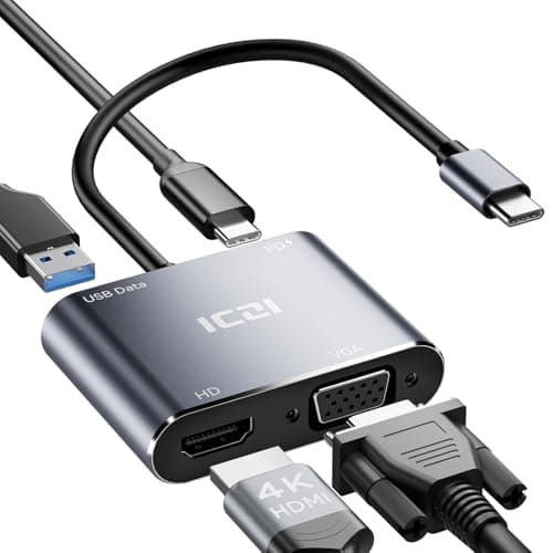 Image of ICZI USB C to HDMI VGA Adapter – 4 in 1 USB-C Hub with HDMI 4K30Hz/VGA 1080P60Hz/USB 3.0/ PD 100W, Multiport Hub for Laptop, MacBook, Notebook, Dual Display, Aluminum Case, 15cm Portable