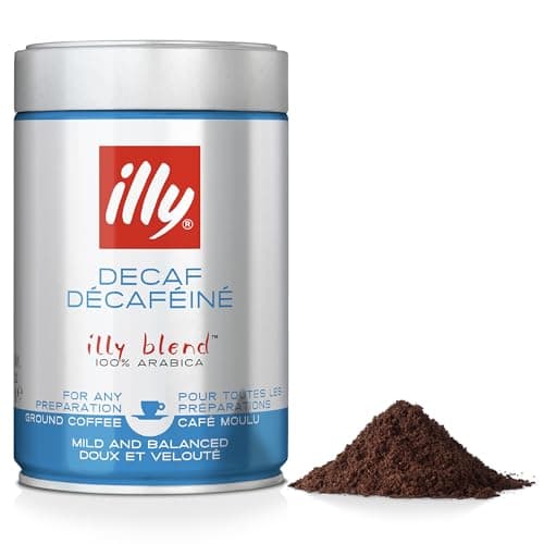 Image of illy Decaffeinated Ground Coffee, Medium Roast, 100% Arabica, Suitable for Espresso, Moka Pot, Filter & Cafetiere, Low Caffeine, 250g Tin