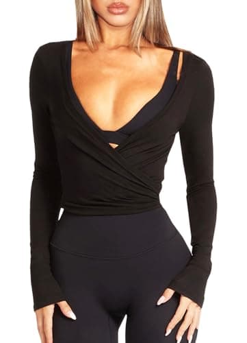 Image of Navneet Women Pilates Wrap Top Ballet Yoga Tops Cute Going Out Top Y2K Low Cut Long Sleeve Tops Tie Up Bolero Cardigans Fall Black S