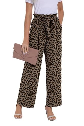 Image of PrinStory Trousers For Women UK Elasticated Waist Lightweight Summer Pants Causal Wide Leg Palazzo Trousers Beach Work (Leopard Dark Khaki, M)
