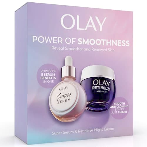 Image of Olay Power of Smoothness Gift Set: Super Serum, Niacinamide, Vitamin C with Collagen Peptide 30ml + Retinol 24 Night Cream Face Moisturiser for Women 50ml, Anti-Aging Skincare