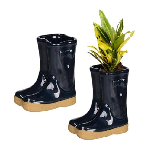 Image of Dibor Set of 2 Ceramic Flower Pot Planters Blue Wellington Boot Garden Herb Pots Fathers Day Gardening Gift (CR10)