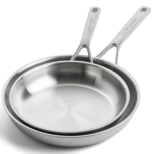 Image of KitchenAid Multiply 3PLY Stainless Steel 2-Piece Frying Pan Skillet Set, 24 cm and 28 cm, PFAS Free, Triply, Multiclad, Induction Suitable, Oven Safe up to 220°C, Silver