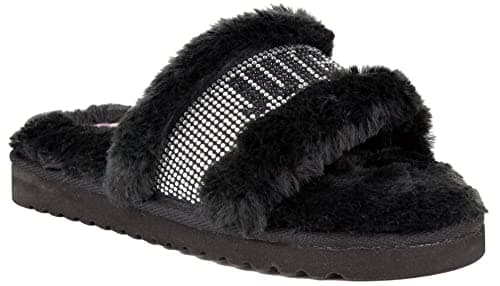 Image of Juicy Couture Women's Luxe Faux Fur Slide Slippers with Embellished Strap, Cozy Indoor/Outdoor Fuzzy Slip-On Sandals, Halo Black, 3 UK