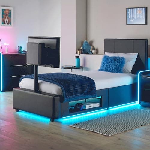 Image of X-Rocker AVA Leather TV Bed with Rotating TV Mount 32", Storage and Cable Management, Ambient Underbed RGB LED Lighting Single 3ft Low Sleeper Bedstead, Upholstered Leather Frame XR LIVING - BLACK