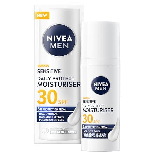 Image of NIVEA MEN Sensitive Daily Protect Moisturiser SPF 30 (50ml), Moisturising Men's Face Cream Suitable For Sensitive Skin, Lightweight Face Moisturiser with UV Protection, Non-Greasy Formula
