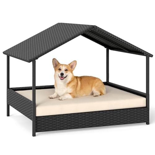 Image of COSTWAY Wicker Dog Bed, Raised Rattan Dogs House with Canopy, Removable Cushion, Indoor Outdoor Elevated Pet Sofa for Small Medium Dogs Cats (Beige+Black, 98 x 69 x 74cm)