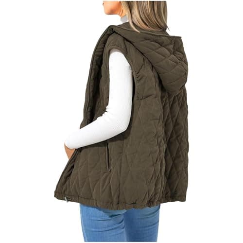 Image of Flodxo Women Gilets and Bodywarmers Sleeveless Quilted Down Jacket Winter Puffer Gilet Ladies Theramls Vest Hooded Zip Up Jacket Outerwear Casual Padded Coats Solid Warm Waistcoats Army Green S