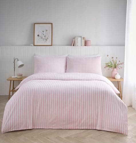Image of HOMEMAKER BEDDING Stripe Duvet Set, Pastel Colours, Polycotton, Double-Sided Print, with Pillowcases (Pink, Single)