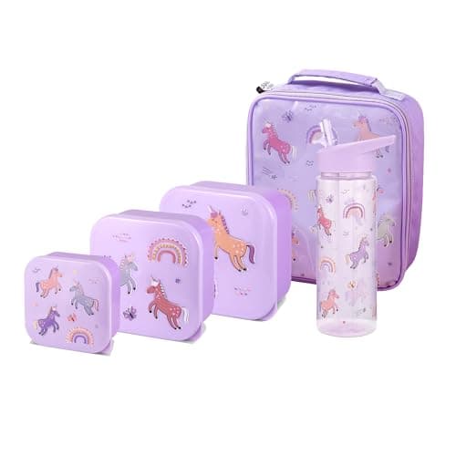 Image of Girls Lunch Bag Set, Unicorn Straw Sipper, 3 Pack Nested Boxes, Tiny to Tots Unisex Multicompartment Storage School Lunch Food Set, 500ml Water Bottle (Unicorn Nested Boxes + Lunch Bag + Straw Sipper)
