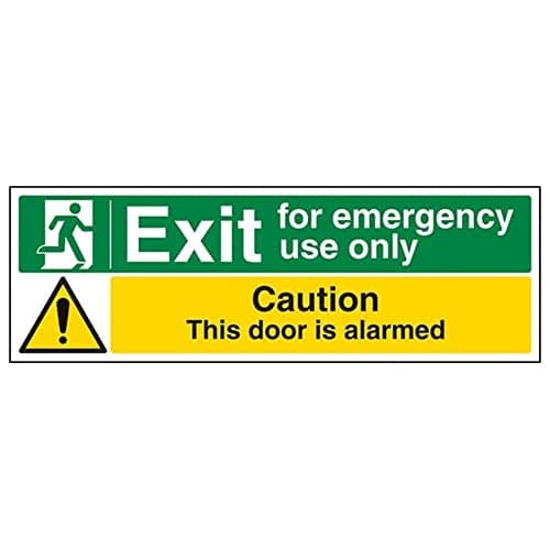 Image of V Safety Safe Condition Exit - Exit for Emergency Use Only/Door Alarmed - 300 x 100 mm Restickable Safety Sign Safety Sign