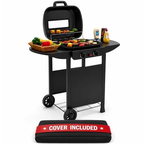 Image of 2 Burner Gas Grill BBQ including Cover, Lid and Lava Rock, Foldable Side Tables, Generous 47 x 37cm Cooking Area, Perfect for Outdoor Cooking