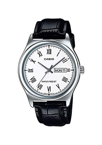 Image of Casio MTP-V006L-7B Men's Leather Band White Roman Dial Day Date 3-Hand Analog Watch, White, Casual