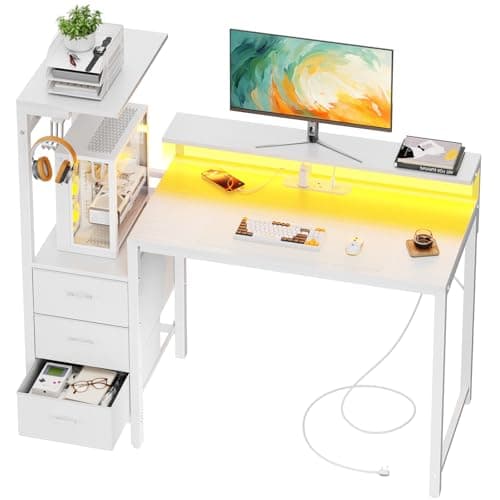 Image of DLONGONE Gaming Desk with Drawers, 112x50 cm Computer Desk with LED & Power Outlets, Reversible Office Desk with Display Shelves & Monitor Stand, Study PC Table with Side Hooks for Home Office, White