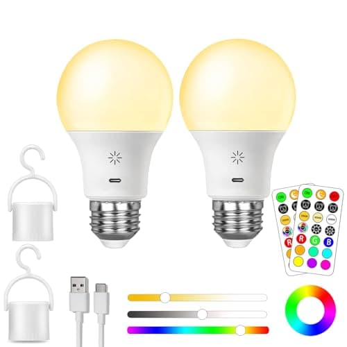 Image of USB Rechargeable Light Bulb With Remote Control, 8W Smart RGB Color Changing Bulb, 9+3 Color Temperature, E27 LED Dimmable Touch Control Bulbs With Timing Function, 2600mah Battery Powered, A19,2 PACK