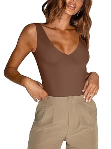 Image of REORIA Women's Summer Sexy Plunge Deep V Neck Sleeveless Double Lined One Piece Tank Tops Thong Bodysuits Leotards for Going Out Coffee Medium