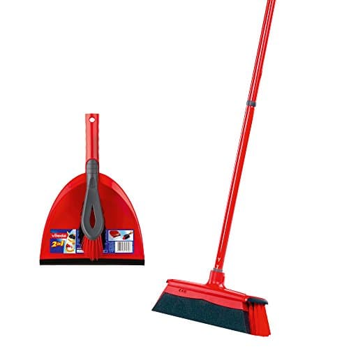 Image of Vileda DuActiva Broom with 3-Piece Handle and 2-in-1 Sweeping Set, Does Not Swirl Dust, Hand Brush & Dustpan, Broom with Micro Foam, Eco Packaging, Medium, Red Black