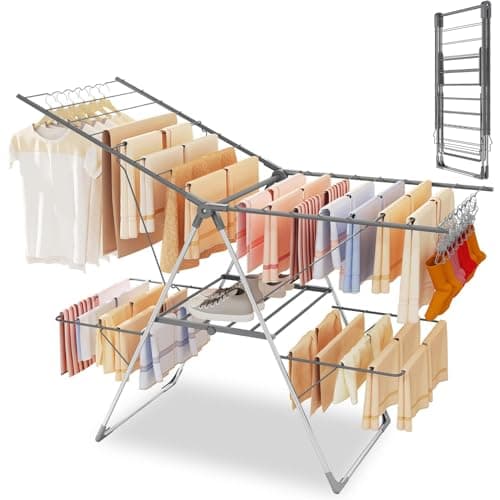Image of Innotic Winged Clothes Airer with 33 Rails, 141CM Foldable Clothes Drying Rack Indoor Outdoor, Stainless Steel Large Clothes Horse, 6 Height-Adjustable Laundry Dryer Stand