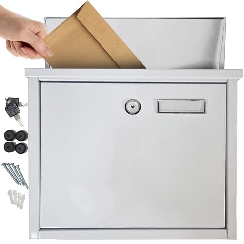 Image of FURNISHED Wall Mounted Letter Box - Large Mail Outdoor Post Box Weather Resistant Postbox for Outside Wall Galvanized Steel Lockable Letterbox Top Loading Mailbox with Cylinder Lock, White