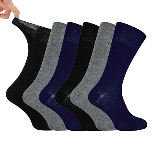 Image of IOMI Footnurse - Mens 6 Pairs Cotton Non Elastic Diabetic Socks With Honeycomb Top (6-11, Black/Navy/Grey)