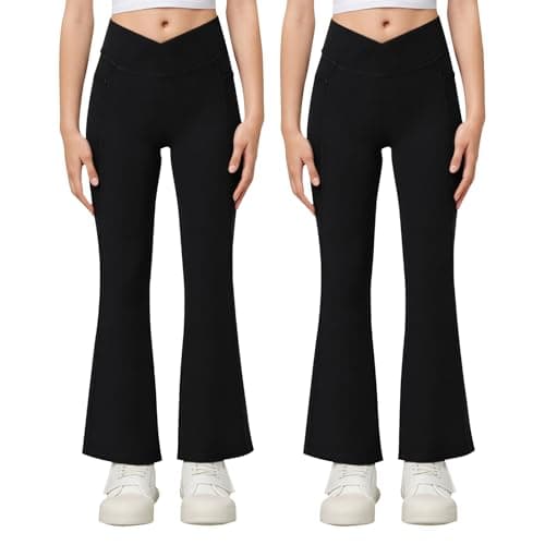 Image of KAKU NANU Flared Leggings Black for Girls High Waisted Kids Sports Leggings with Pockets Dance Yoga Pants 13 14 12-13 13-14 Years