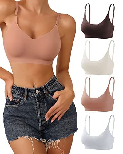 Image of DEANGELMON V Neck Bralettes Padded Seamless Adjustable Straps Bra Everyday Basic Sleeping Bras, Brown,Gray,Apricot,Pink, S