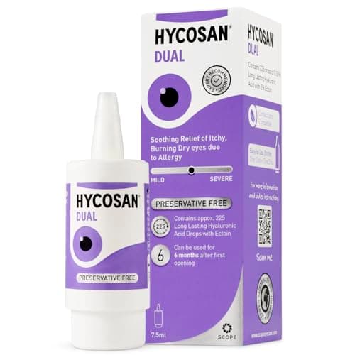Image of Hycosan Dual - Double Action Eye Drops with Hyaluronic Acid and Ectoin for Soothing Relief of Itchy, Burning or Dry Eyes Due to Allergens - Preservative Free - 225 Measured Doses